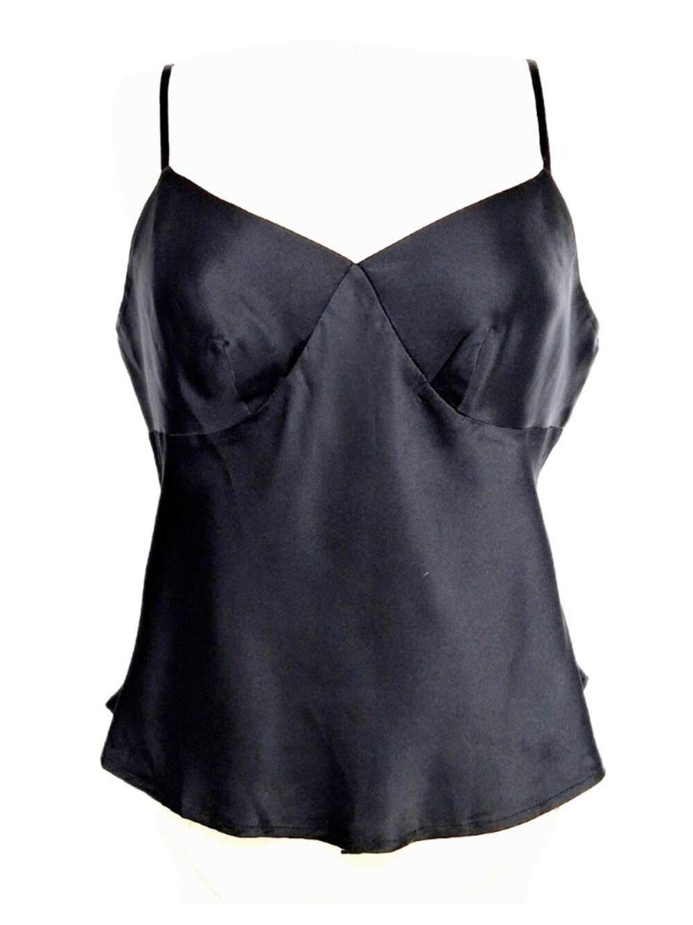 100% Silk Satin Black Camisole V Neck Adjustable Spaghetti Strap Tank Top - Picture 2 of 9